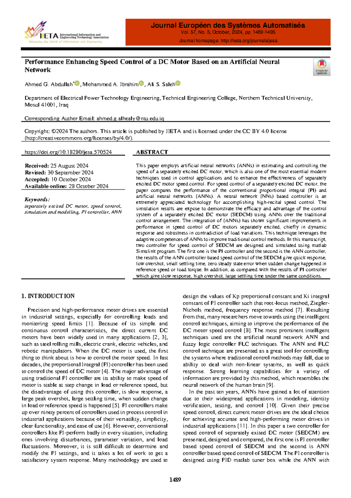 Performance Comparison of PI and ANN Controllers for SEDCM Speed ...