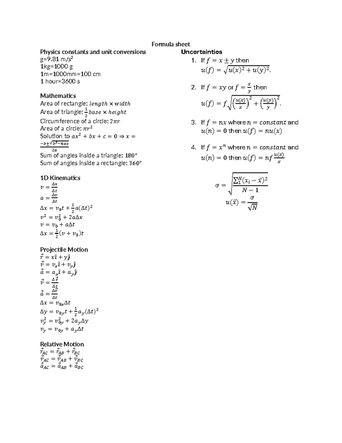 Formula Sheet for Physics Constants & Unit Conversions - Mini Term Test ...