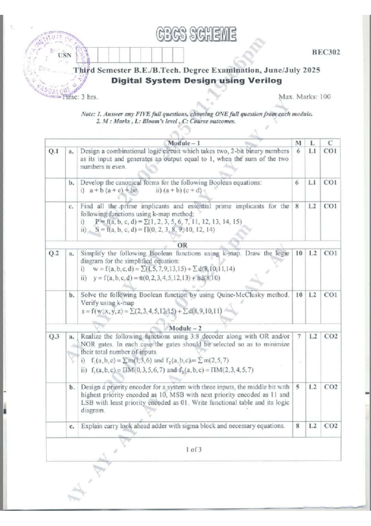 BEC302 Third Semester Exam 2025: Digital System Design with Verilog ...