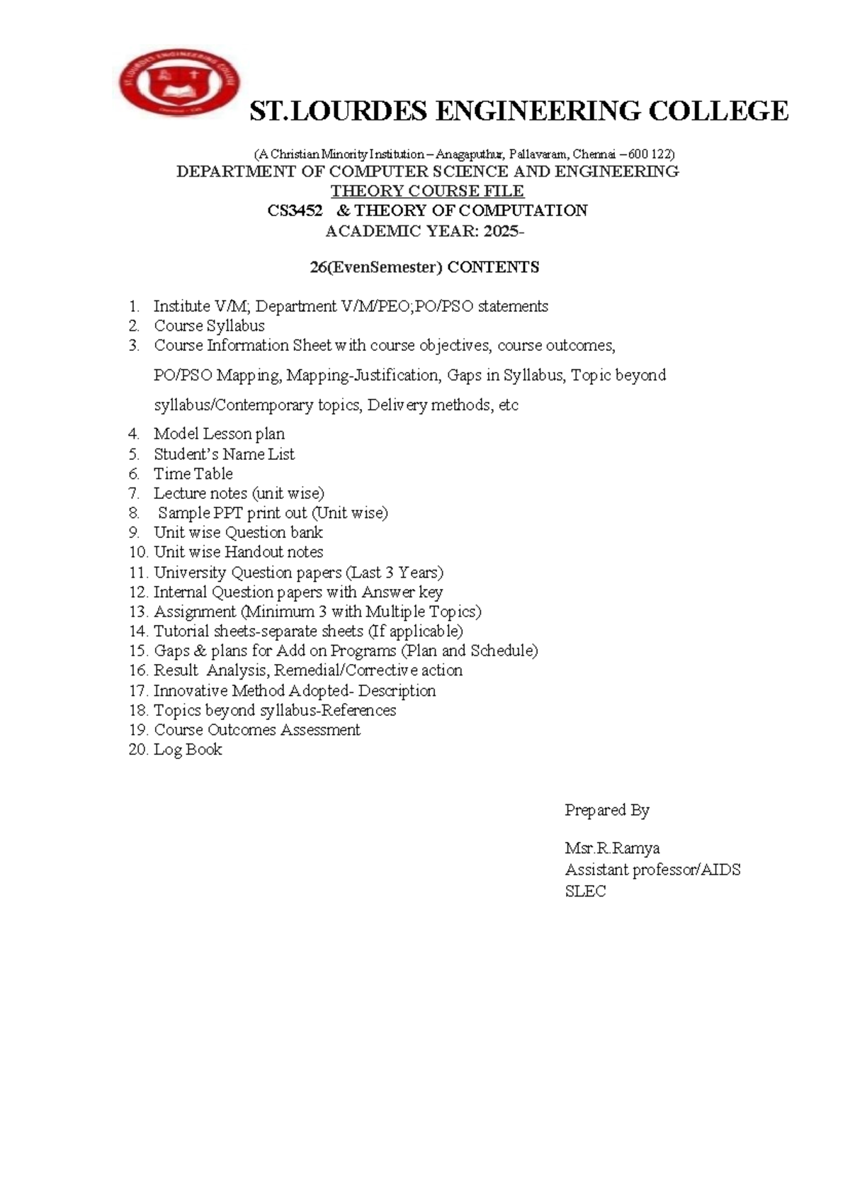 CS3452 Theory of Computation Course File and Notes for 2025-26 - Studocu