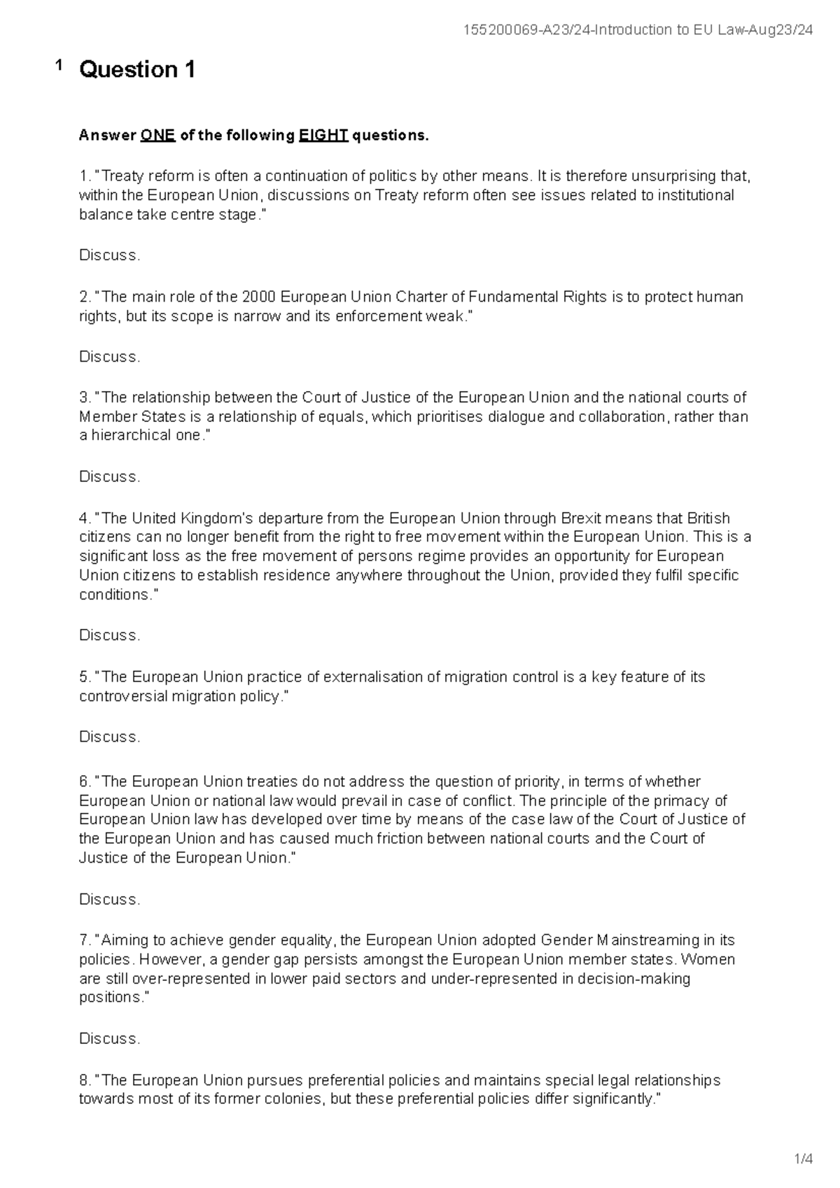 EU Law Exam Paper: Answer One of Eight Questions (Aug-Sep 2024) - Studocu