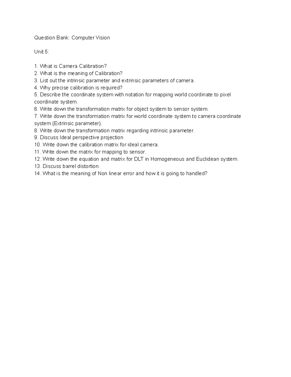 Unit 5: Camera Calibration Question Bank for Computer Vision - Studocu