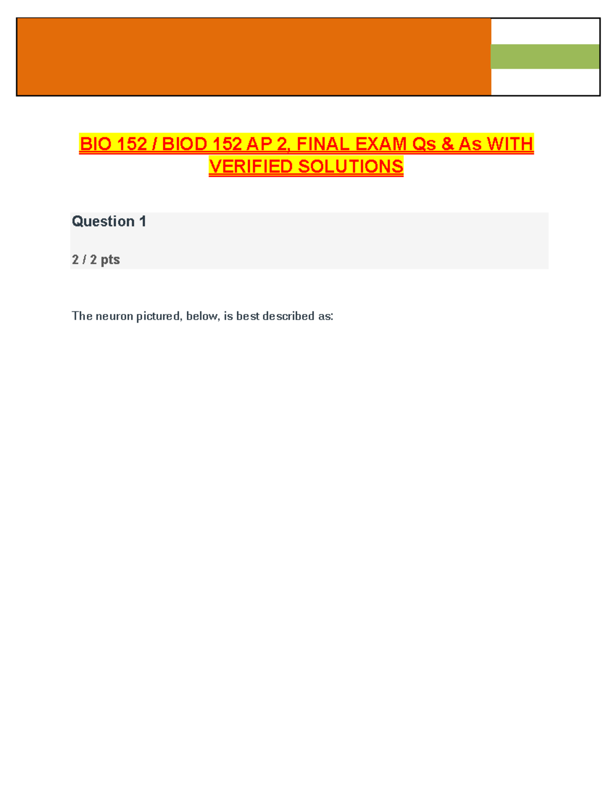 BIO 152 BIOD 152 AP 2, Final Exam Qs & As with Verified Solutions - Studocu