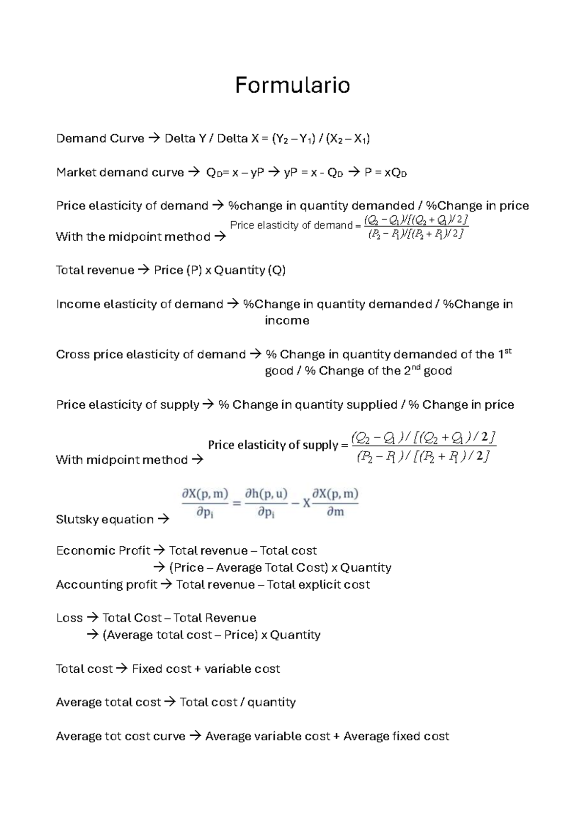 Principles of economics: Key formulas and concepts - Studocu