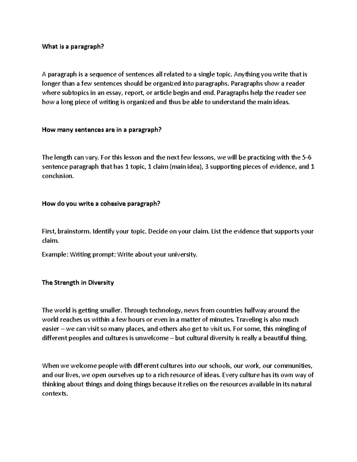 Minor 2 - What is a paragraph? A paragraph is a sequence of sentences ...