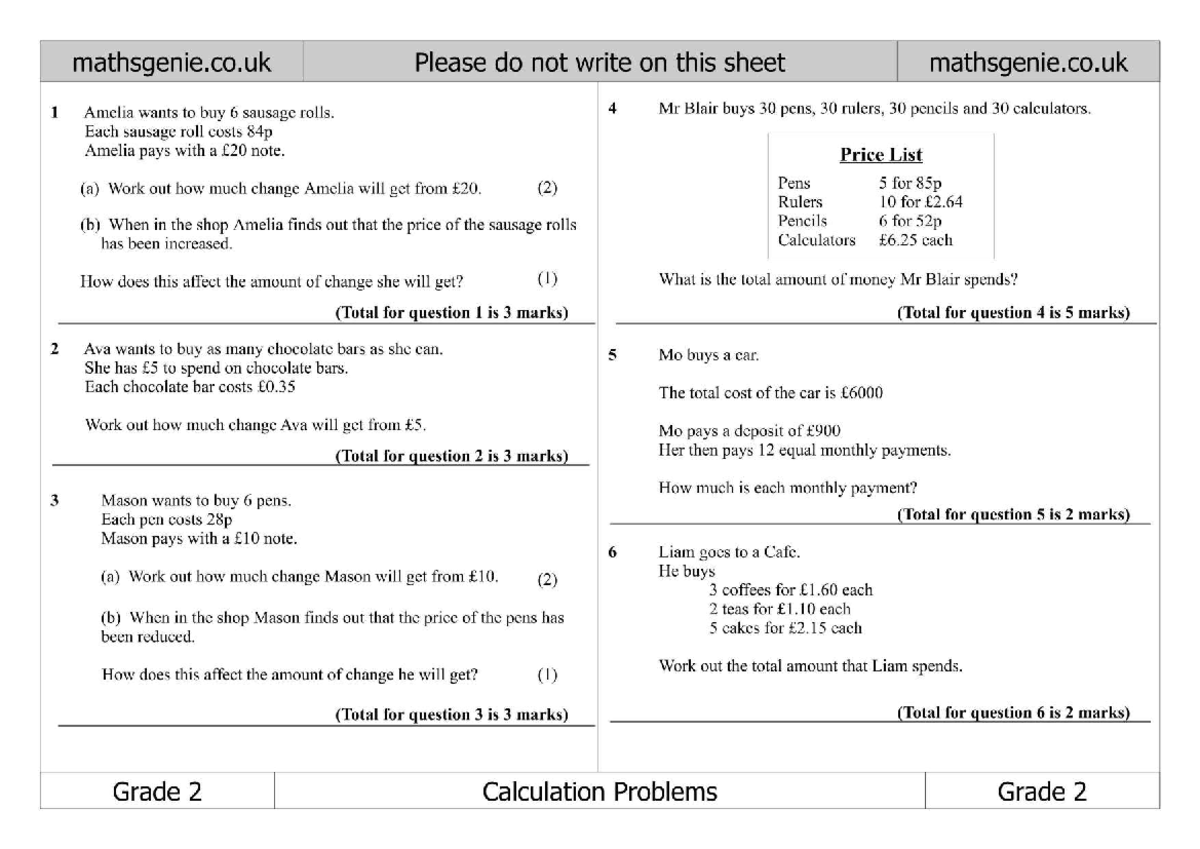 Grade 2 Calculation Problems Worksheet - Studocu