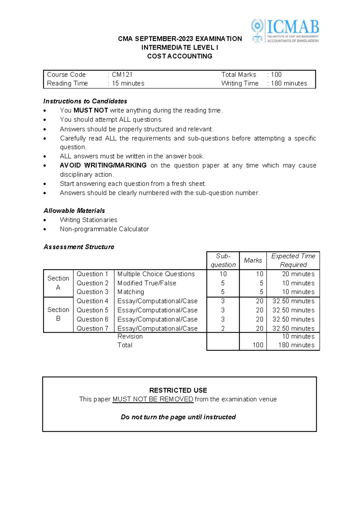 CMA Exam CM121: Intermediate Level I Cost Accounting - September 2023 ...