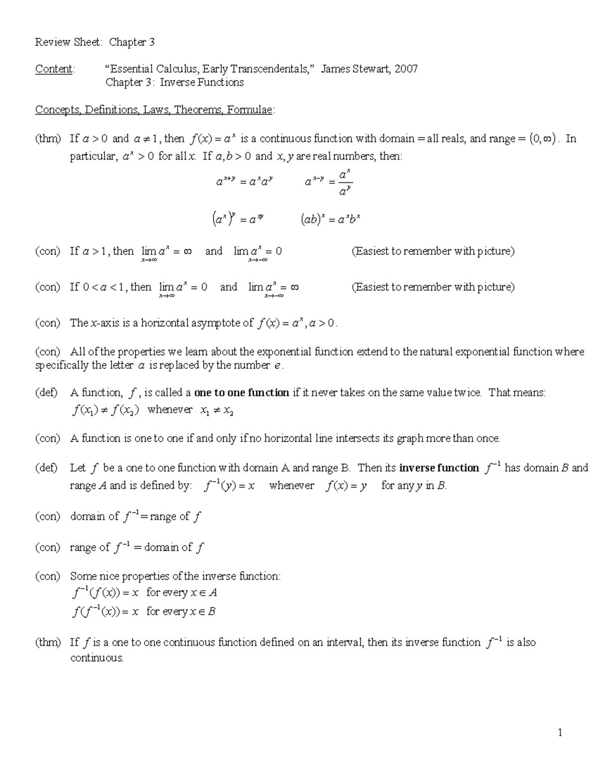 Cal 1 (MATH 101) Chapter 3: Review on Inverse Functions and Logarithms ...
