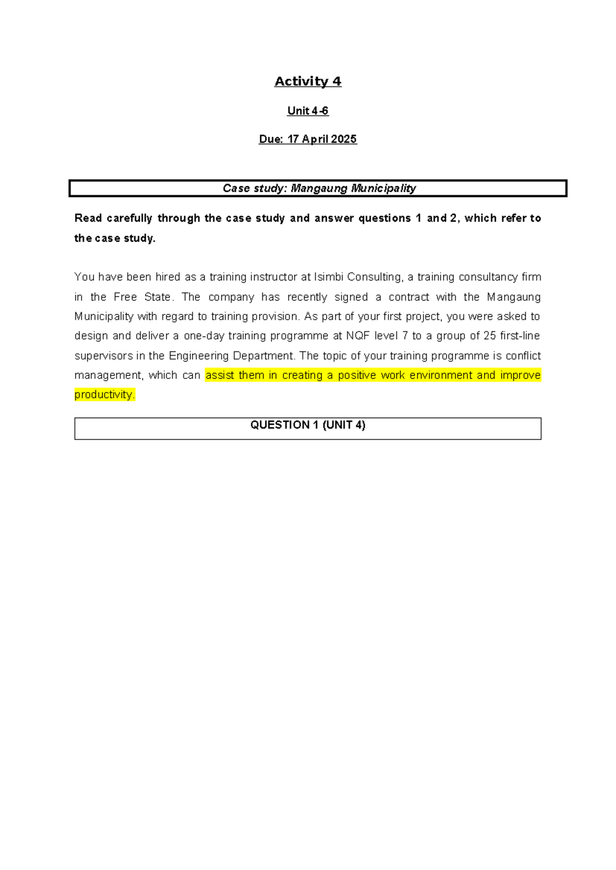 Activity 4 Memo: Case Study on Conflict Management Training for ...