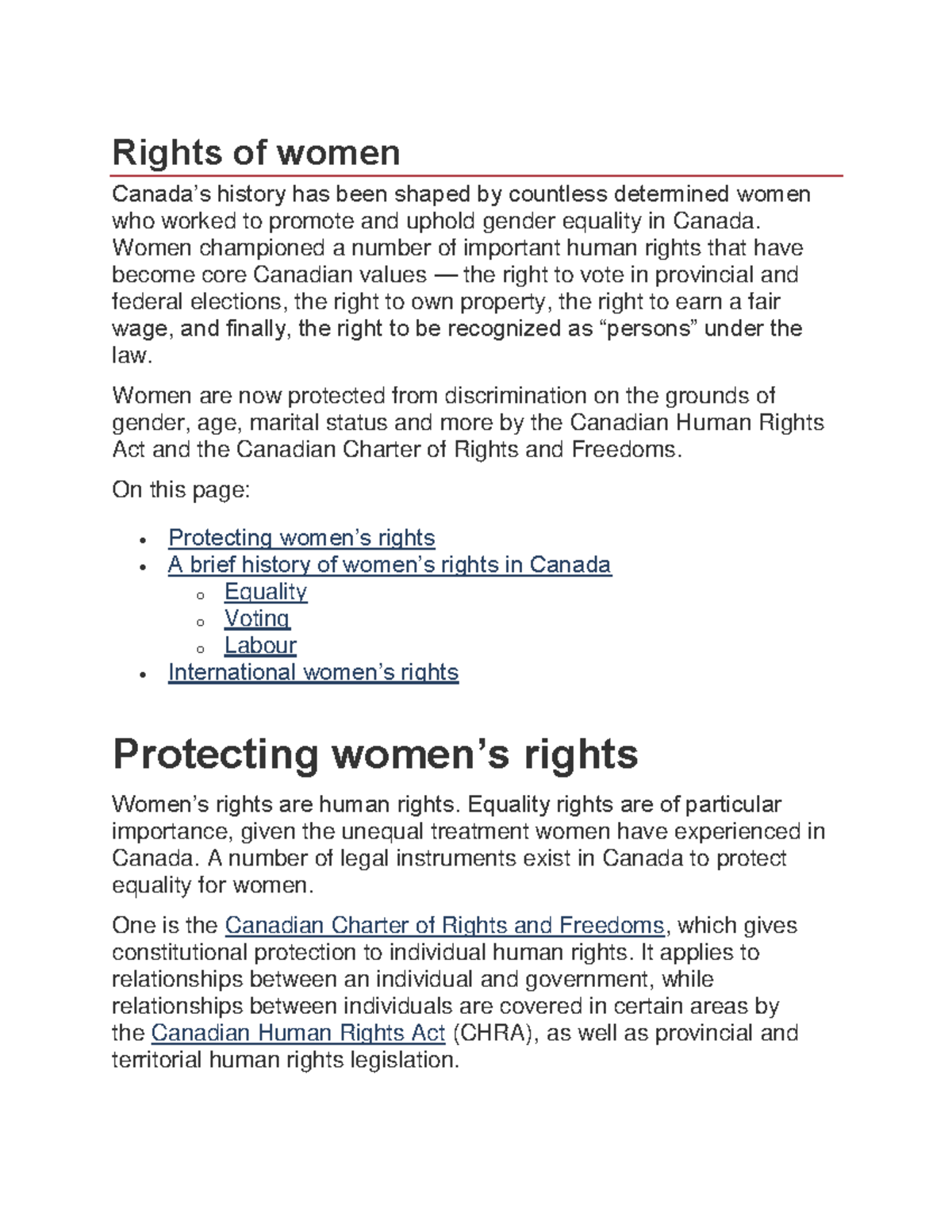 Women's Rights in Canada - Essay on Equality and Legal Protections ...