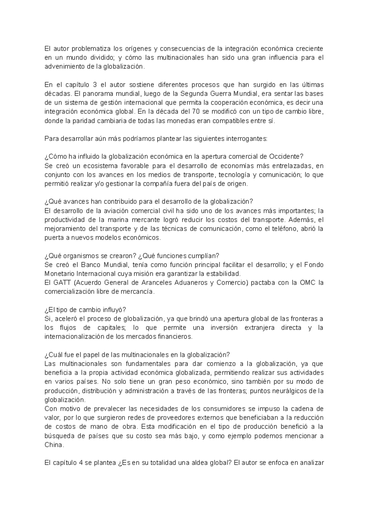 Resumen sobre la Globalización y su Impacto Económico - Studocu