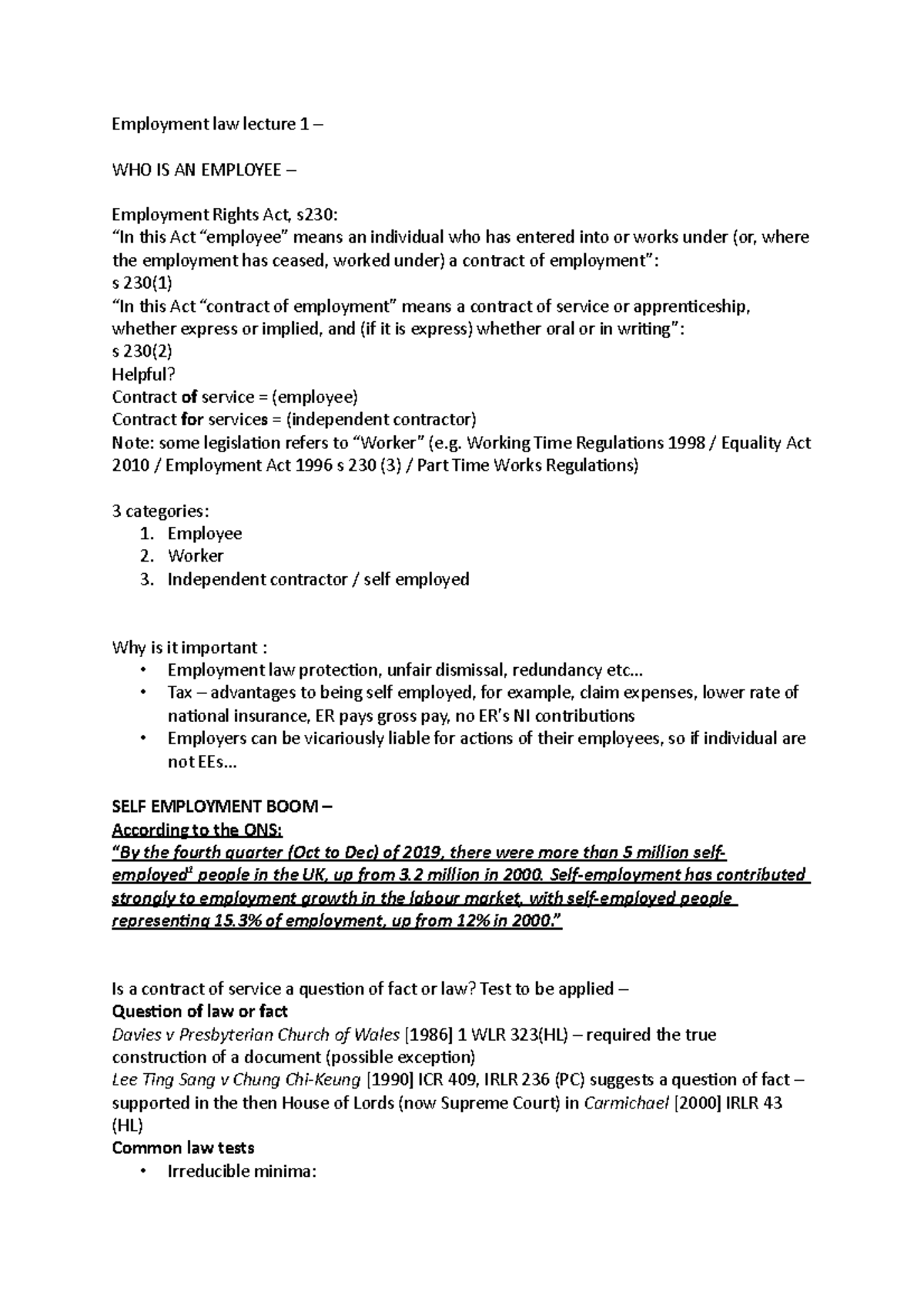 Employment Law Module Summary lectures 1-10 - Employment law lecture 1 ...