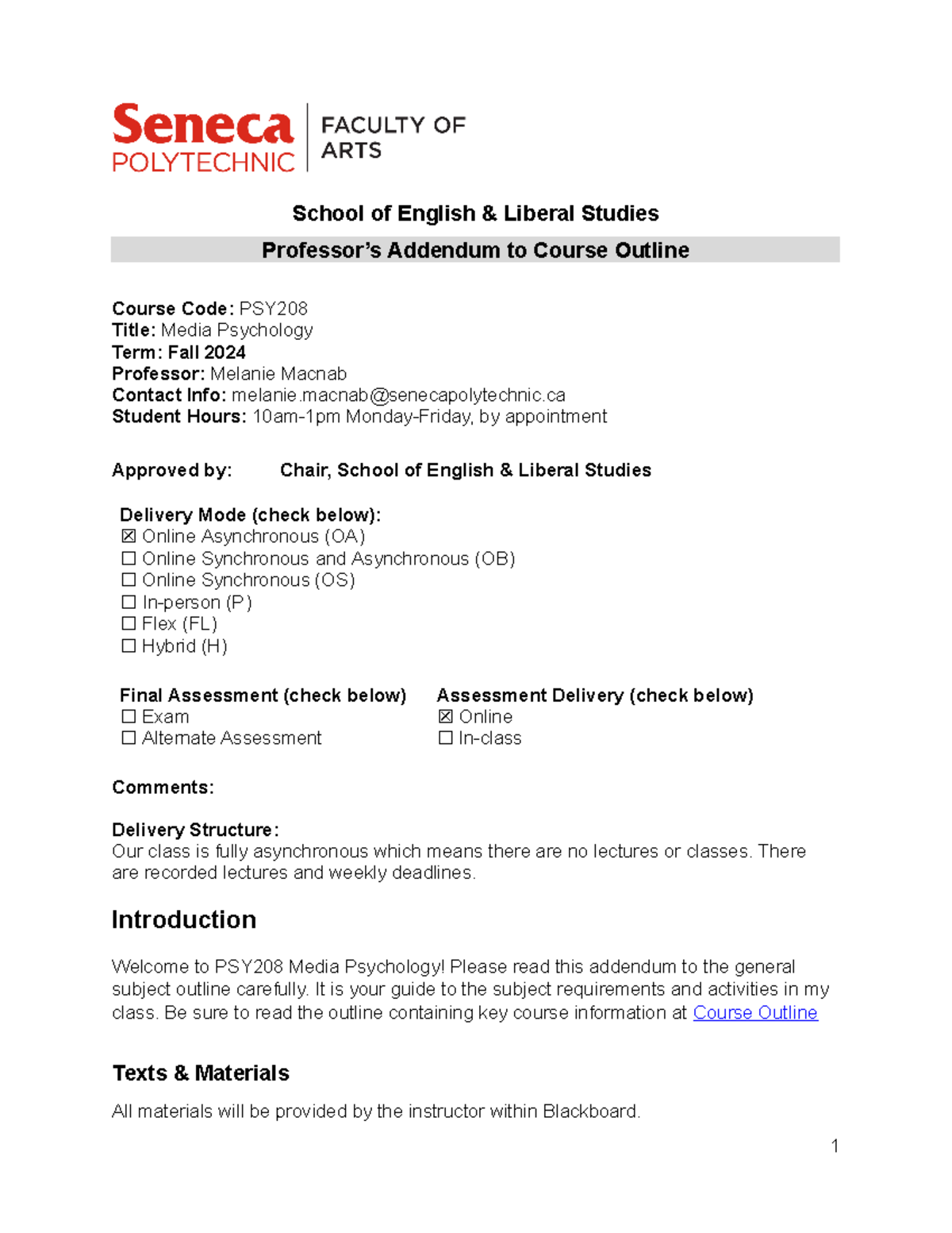 PSY208 Fall 2024 Media Psychology Course Outline Addendum - Studocu