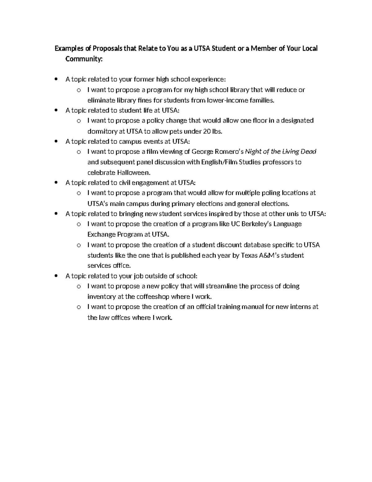 UTSA Proposal Examples: Enhancing Student Life & Community Engagement ...
