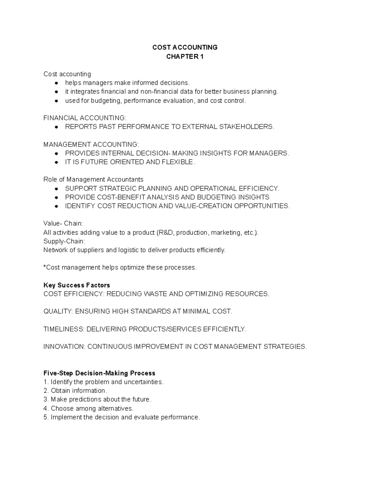 COST ACCOUNTING CHAPTER 1: Key Concepts and Management Insights - Studocu
