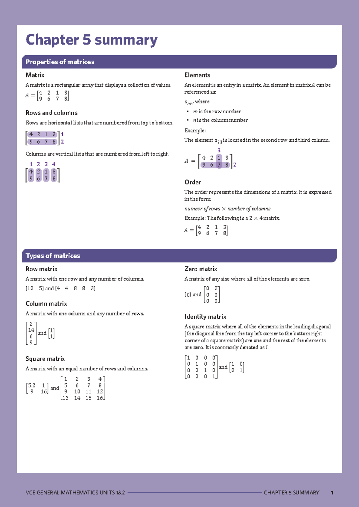 VCE General Mathematics Units 12 - Chapter 5 Matrix Properties Summary ...