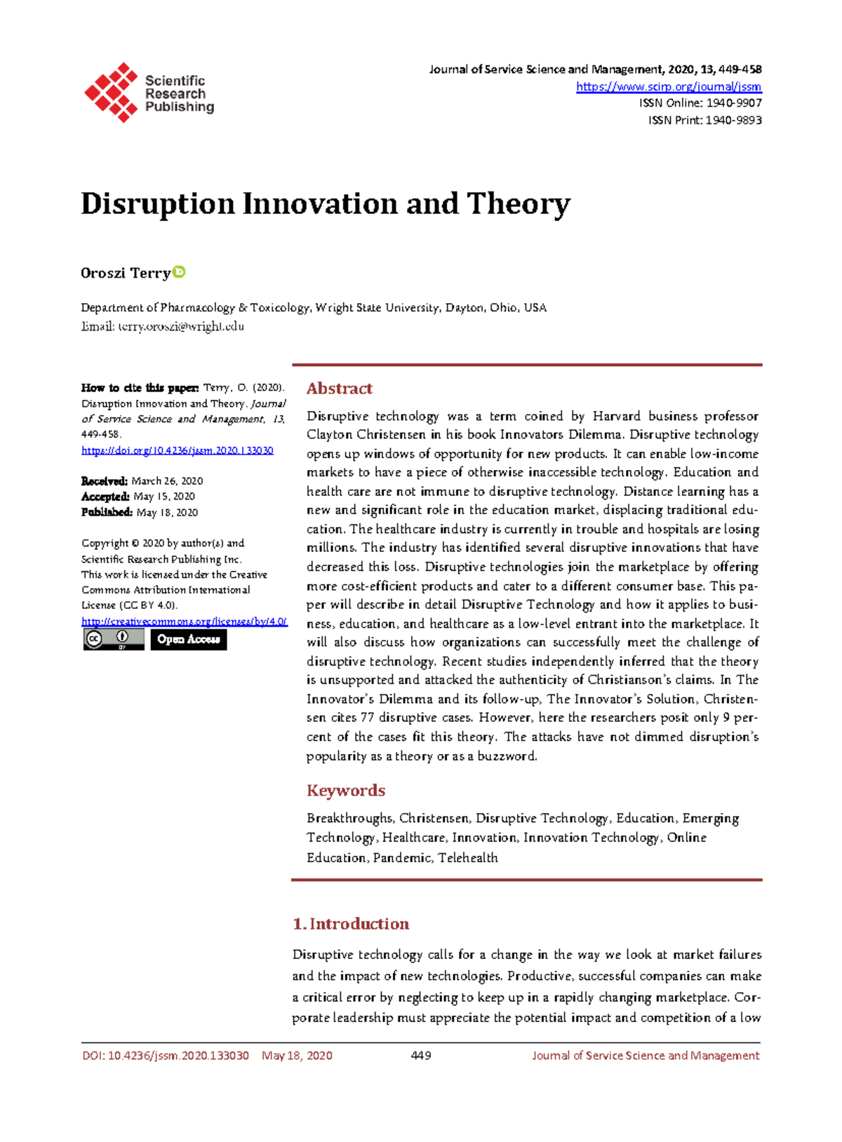 Disruption Innovation and Theory - Journal of Service Science and ...