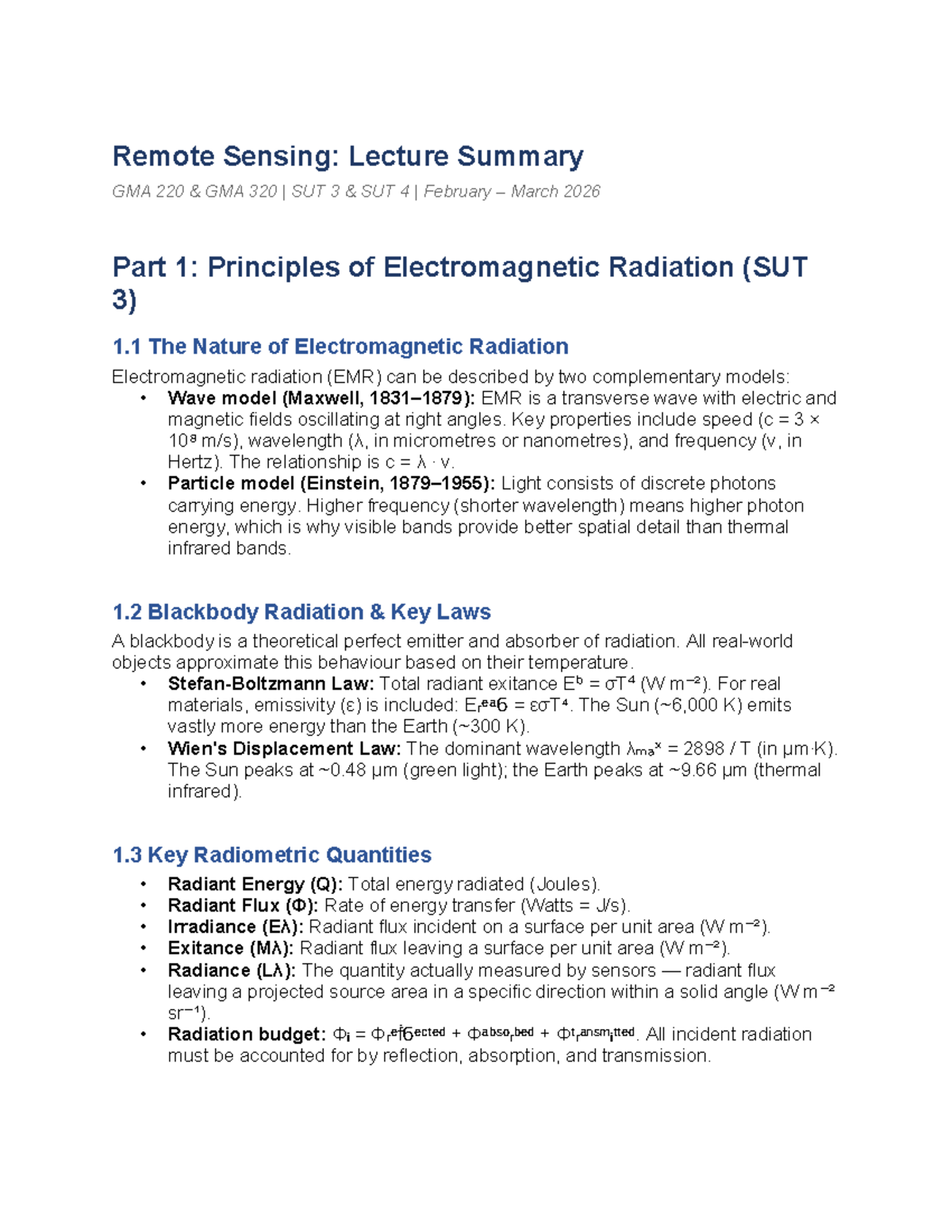 Remote Sensing Lecture Summary GMA 220 & GMA 320 (Feb-Mar 2026) - Studocu