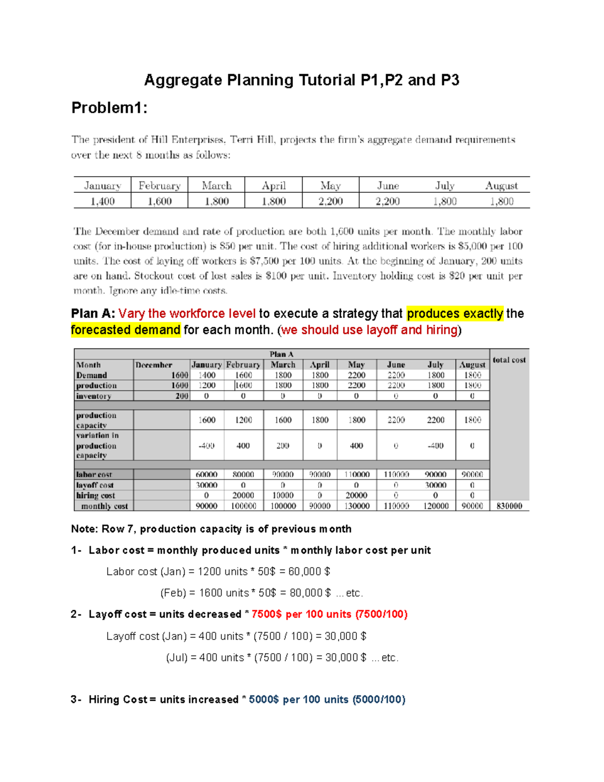 Aggregate planning - (we should use layoff and hiring) Note: Row 7 ...