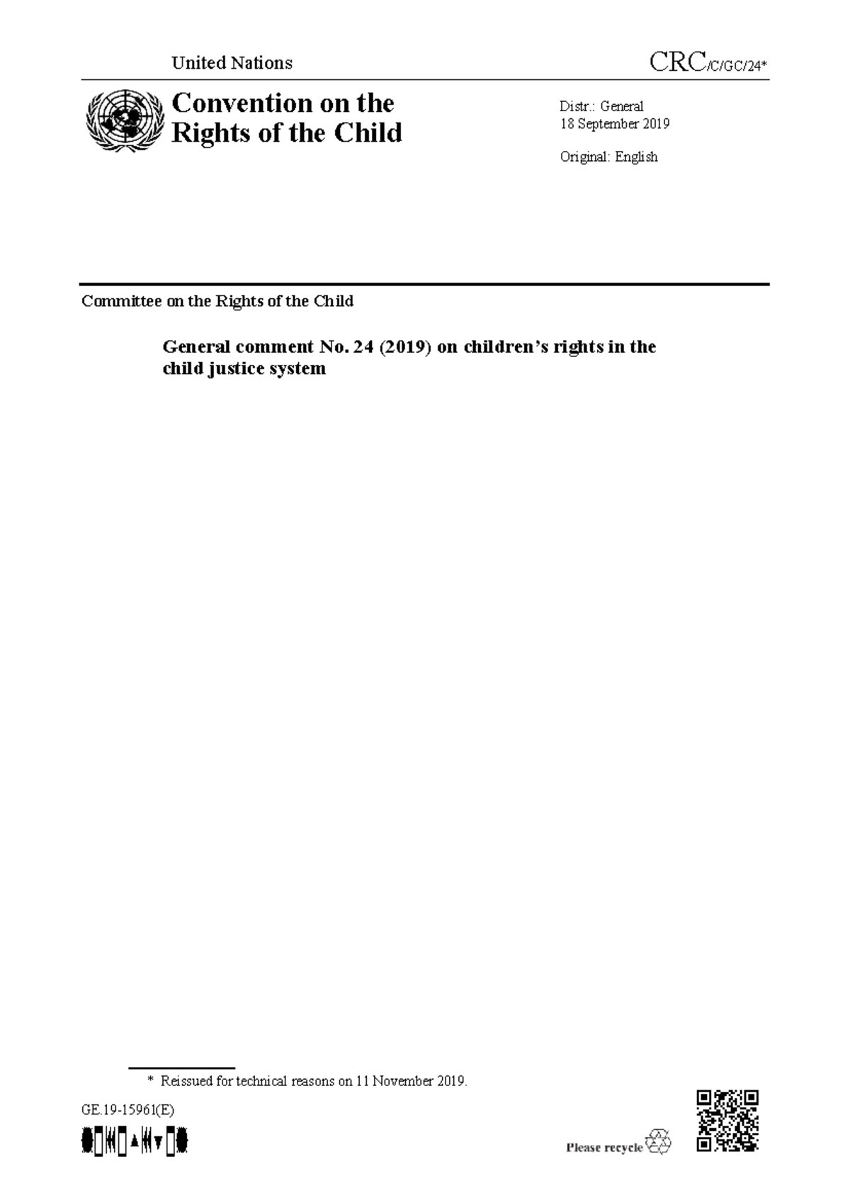 CRC C GC 24 (2019): Child Justice System Rights and Recommendations ...