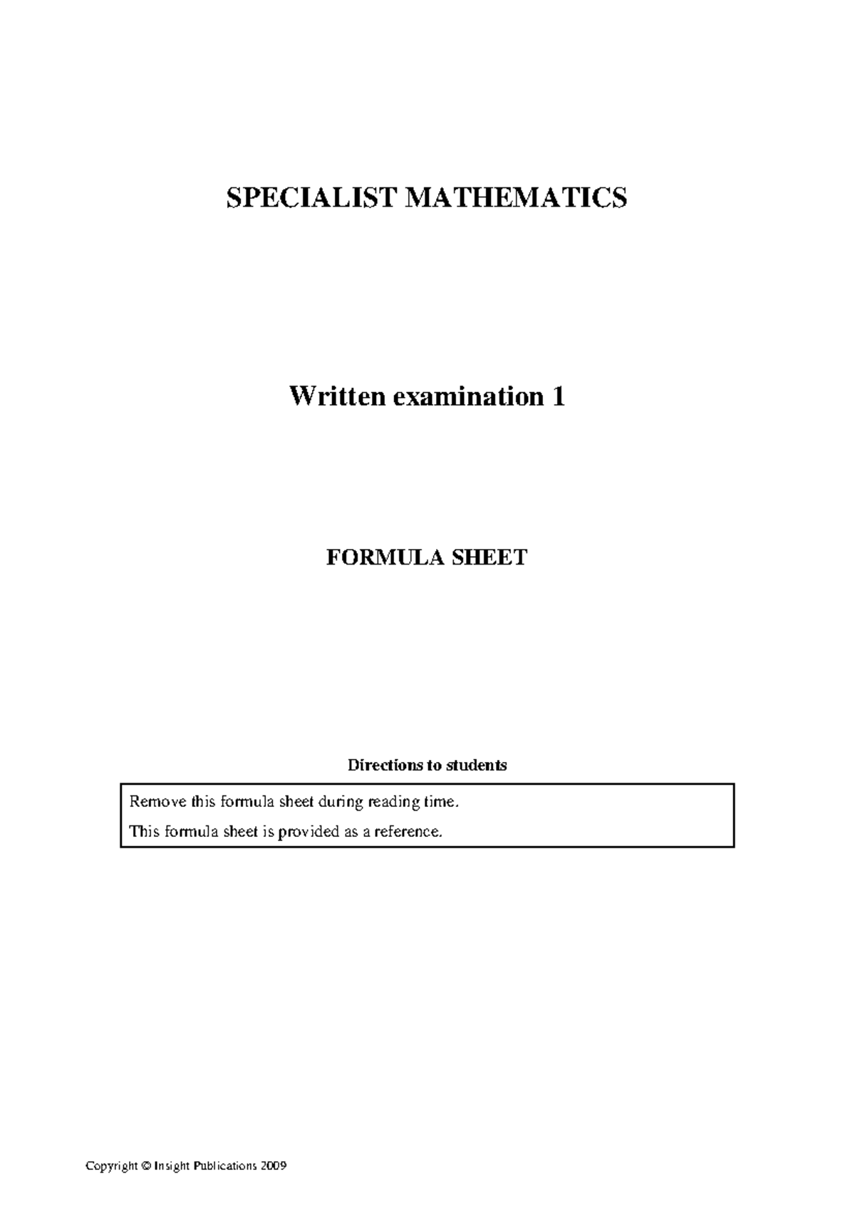 SPECIALIST MATHEMATICS 2009 Exam 1 Formula Sheet - Studocu