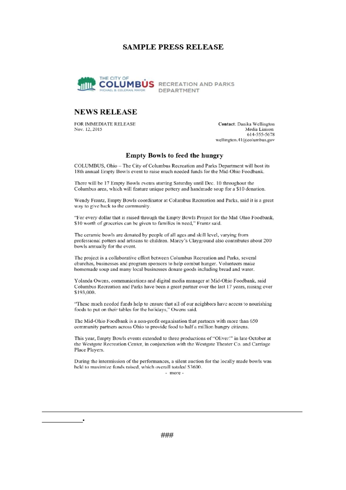 13. Sample Press Release and Media Alert - SAMPLE PRESS RELEASE - Studocu
