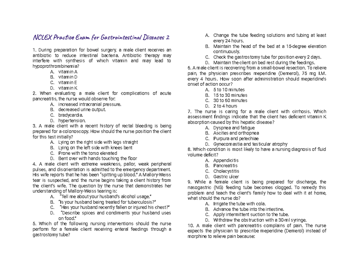 NCLEX Practice Exam: GI Diseases 2 - Key Questions and Answers - Studocu