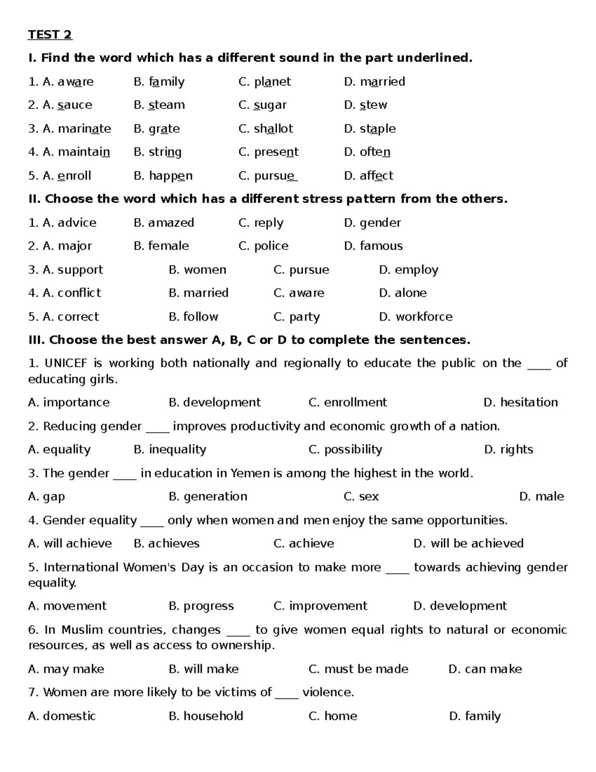 UNIT 6 - TEST: Phonetics, Vocabulary, Grammar, and Reading Exercises ...