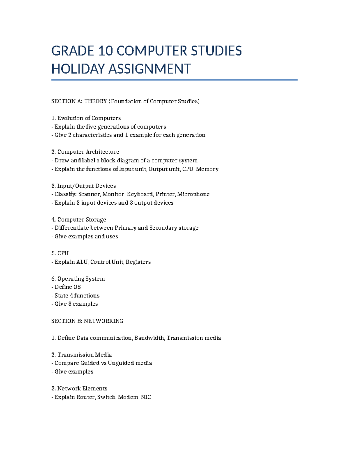 GRADE 10 COMPUTER STUDIES HOLIDAY ASSIGNMENT: THEORY & NETWORKING - Studocu