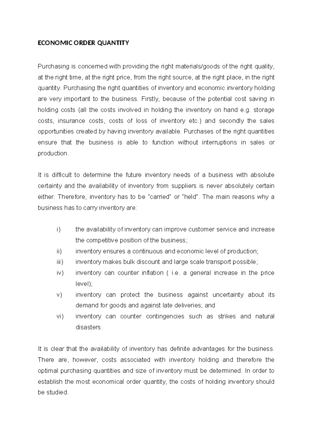 ECON 101: Economic Order Quantity and Inventory Management - Studocu