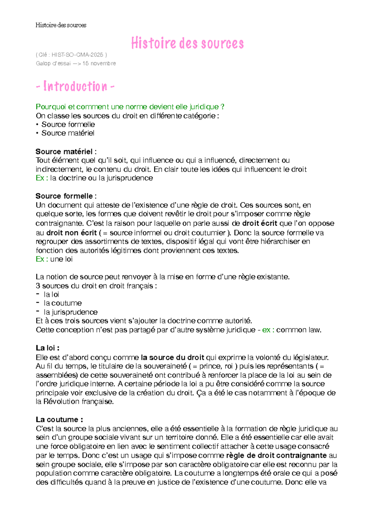 Histoire des Sources du Droit - Introduction (Galop 15 nov) - Studocu