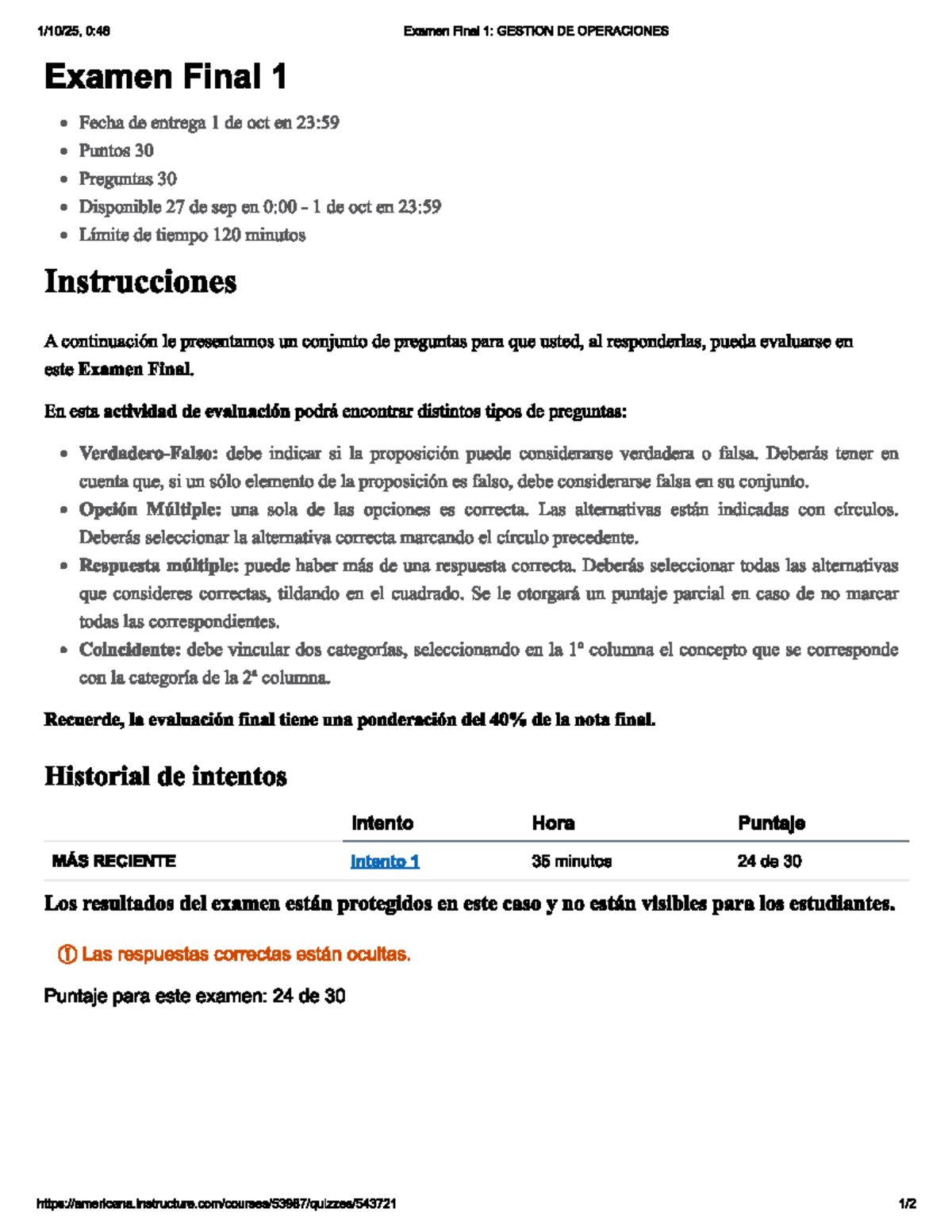 Examen Final 1: GESTION DE OPERACIONES - Instrucciones y Detalles - Studocu