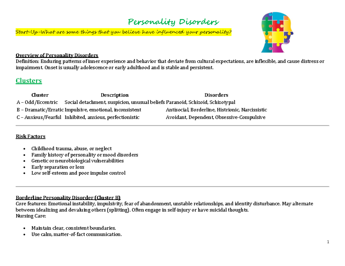 Chapter 16 ATI Concept Map: Overview of Personality Disorders - Studocu