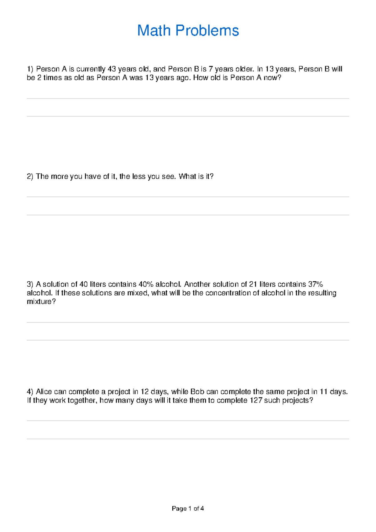 Math - practice problems - Person A is currently 43 years old, and ...
