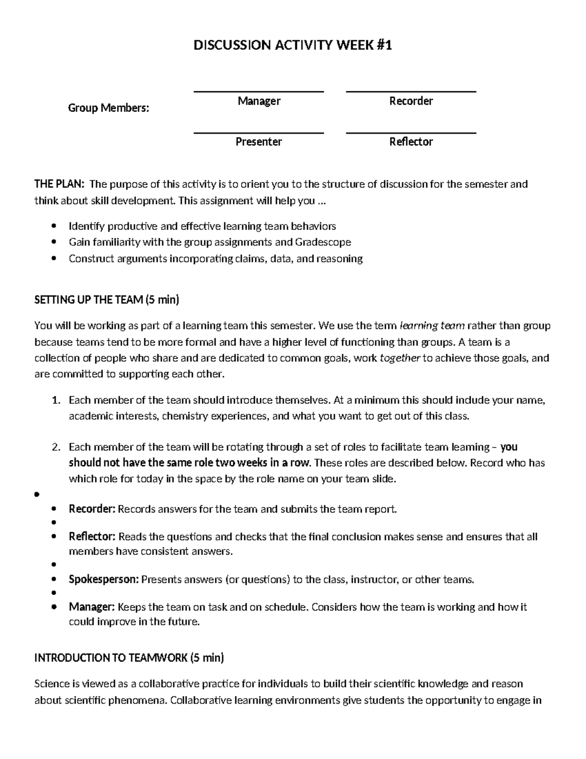 Discussion worksheet week 1: Team roles and effective collaboration ...
