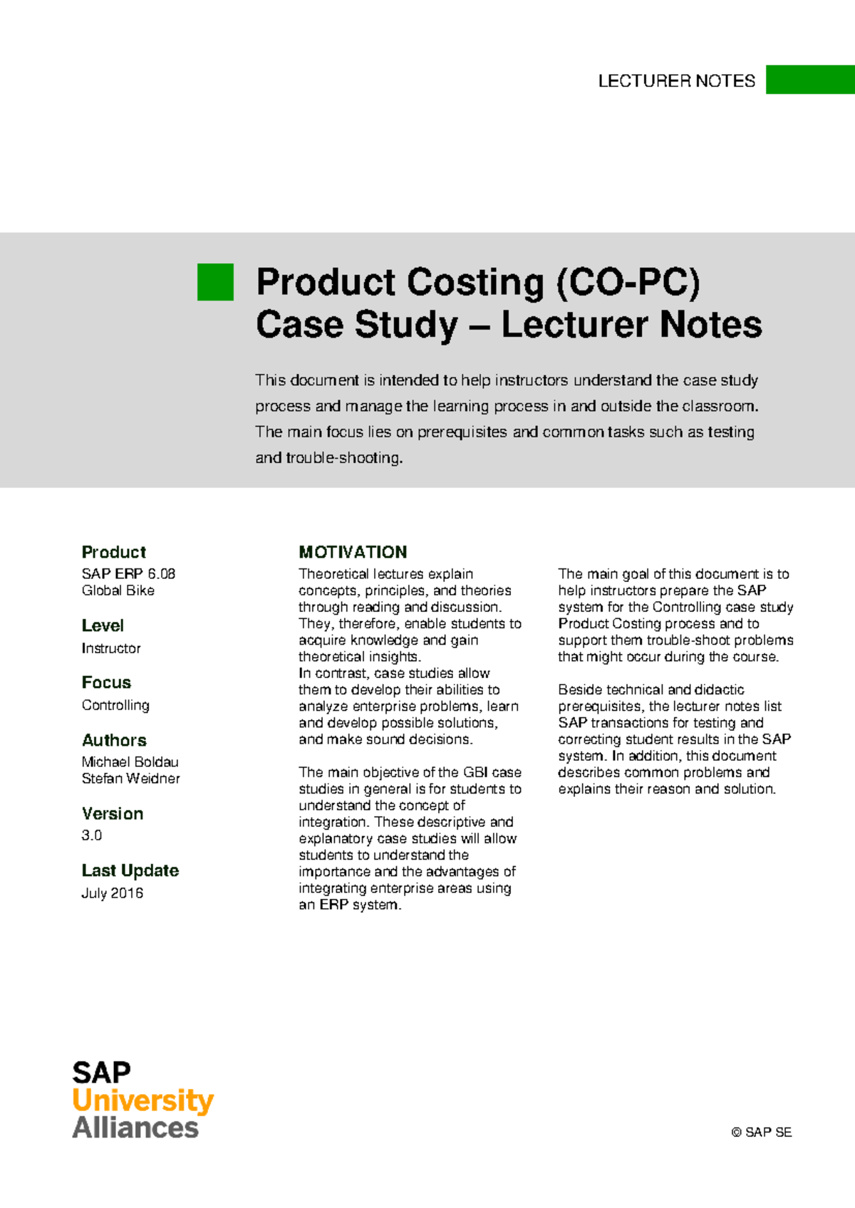 CO-PC-Case Study - Instructor Guide for Product Costing Process - Studocu
