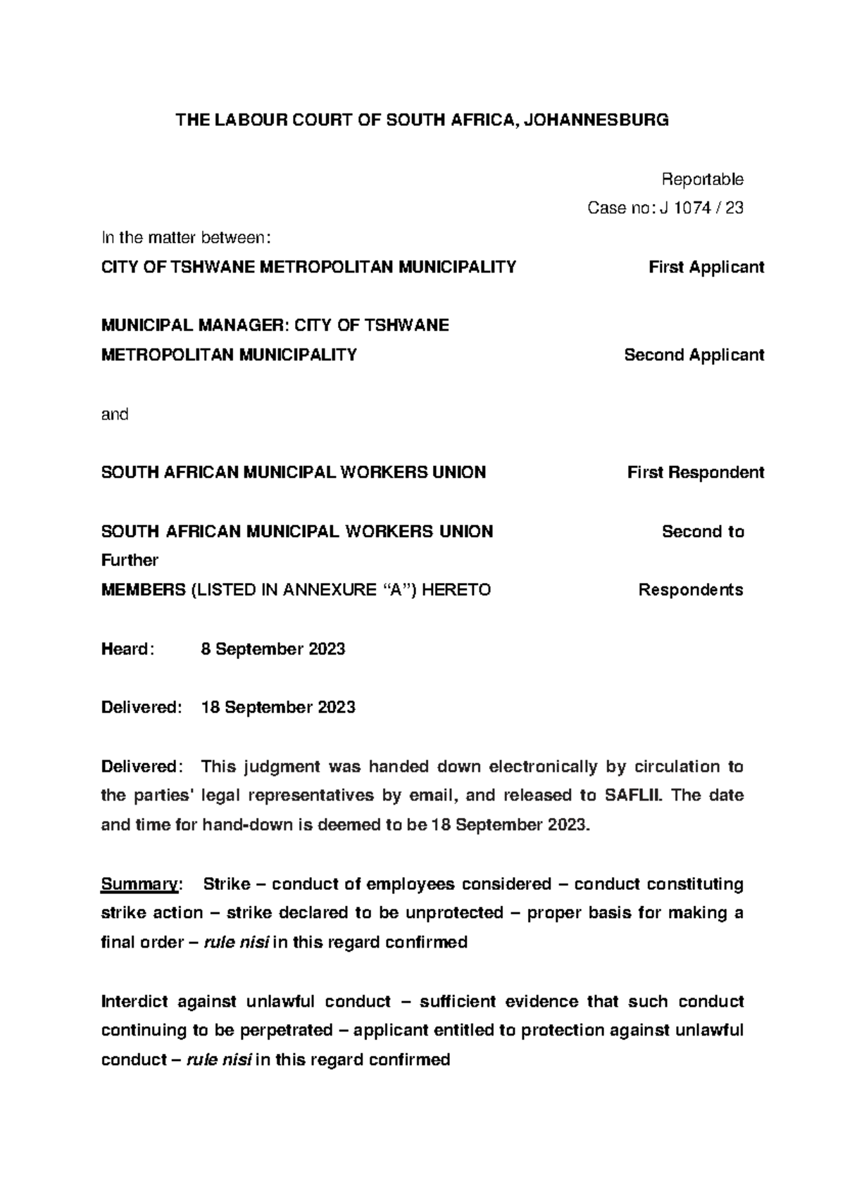 Labour Court Case No: J 1074 23 - SAMWU Unprotected Strike Judgment ...