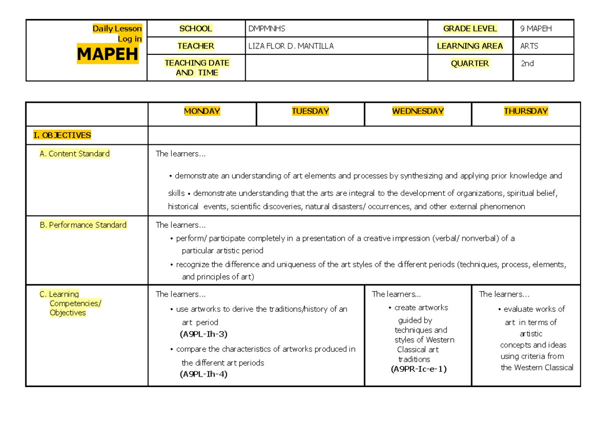 Q2 MAPEH Grade 9 Arts Daily Lesson Log - Week 1 - Studocu