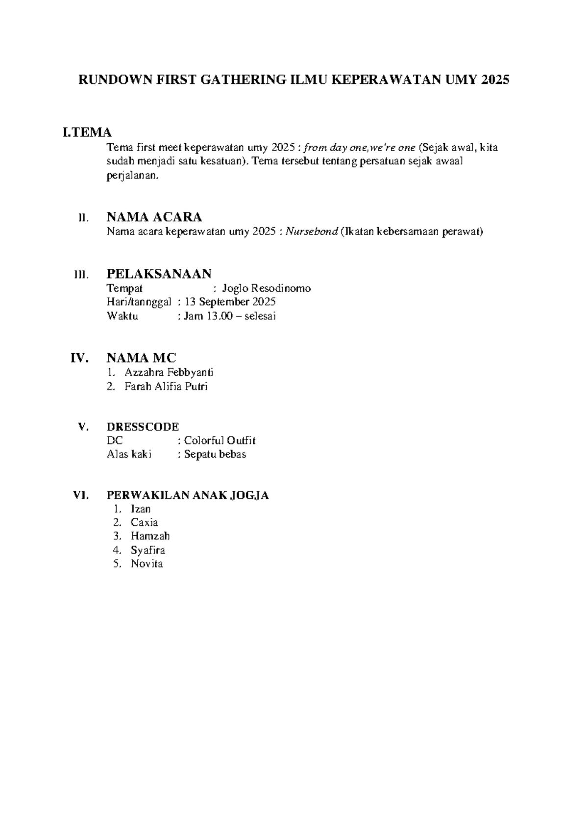 Rundown First Gathering ILMU Keperawatan UMY 2025: Nursebond Event ...