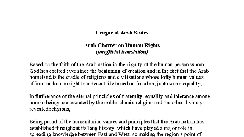 Arab Charter on Human Rights 2005 - League of Arab States Arab Charter ...