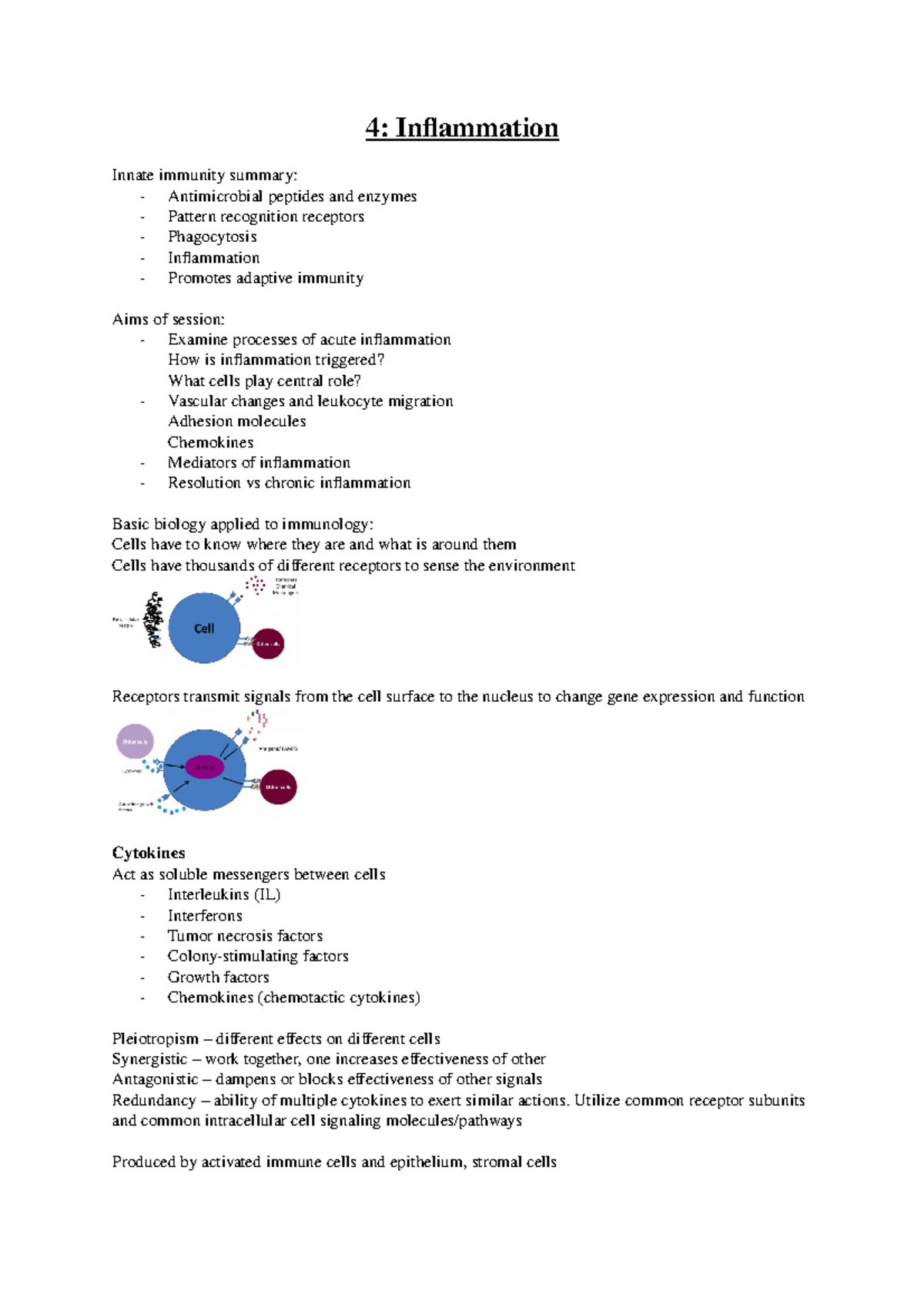 4 inflammation - Lecture notes 4 - 4: Inflammation Innate immunity ...