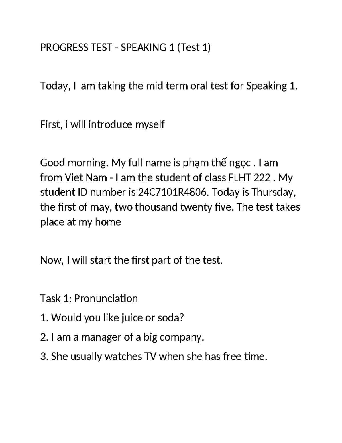 Progress Test Speaking 1 (Test 1) - Midterm Oral Exam Notes - Studocu