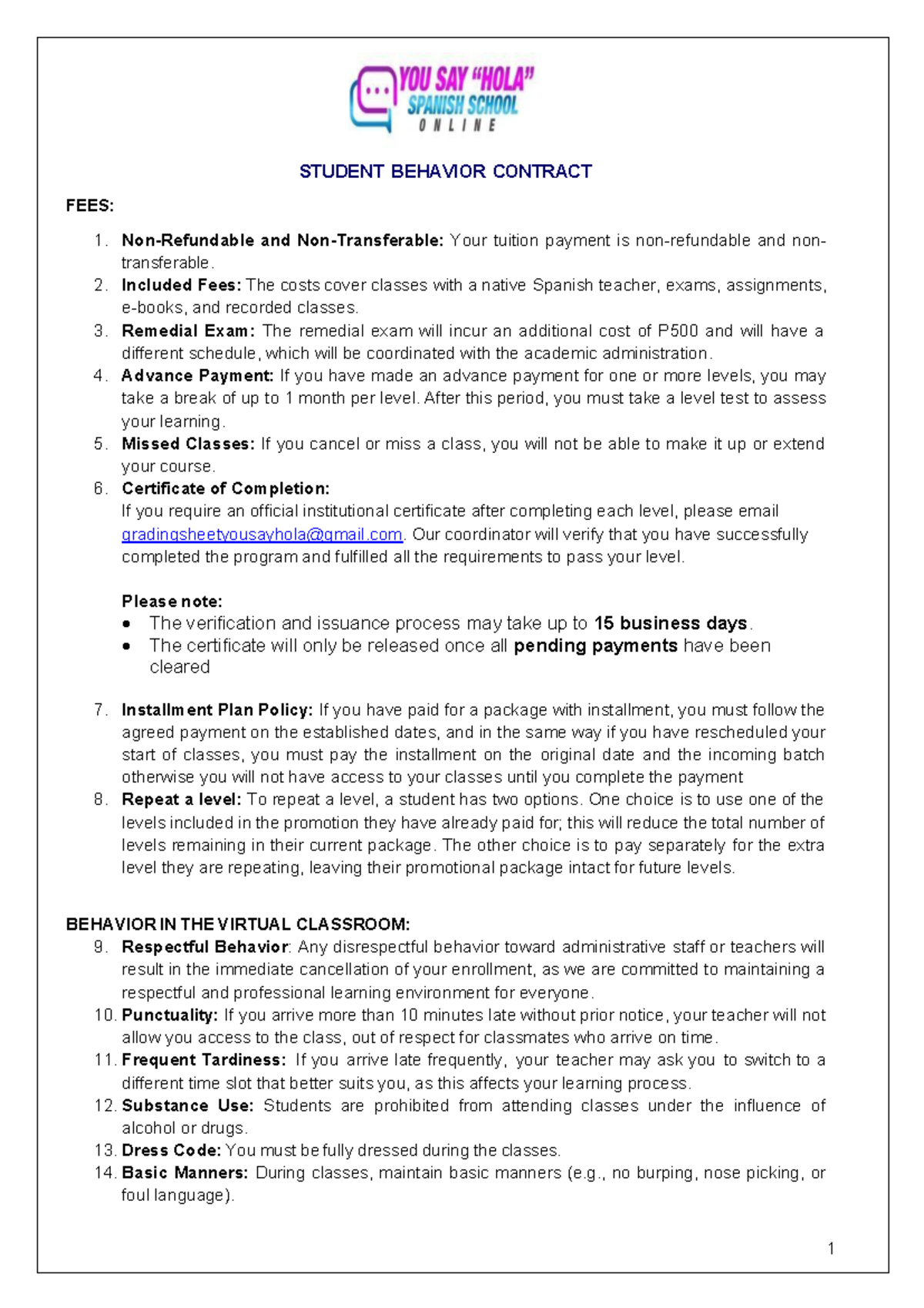 Student Behavior Contract & Fees: Guidelines for Spanish Classes - Studocu