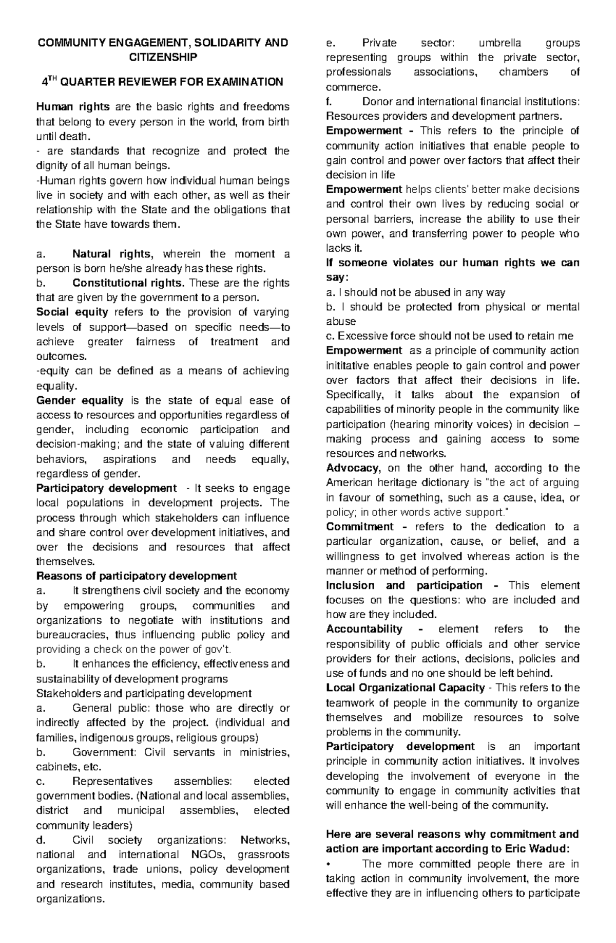 CESC 4TH QUARTER REVIEWER: COMMUNITY ENGAGEMENT & CITIZENSHIP - Studocu
