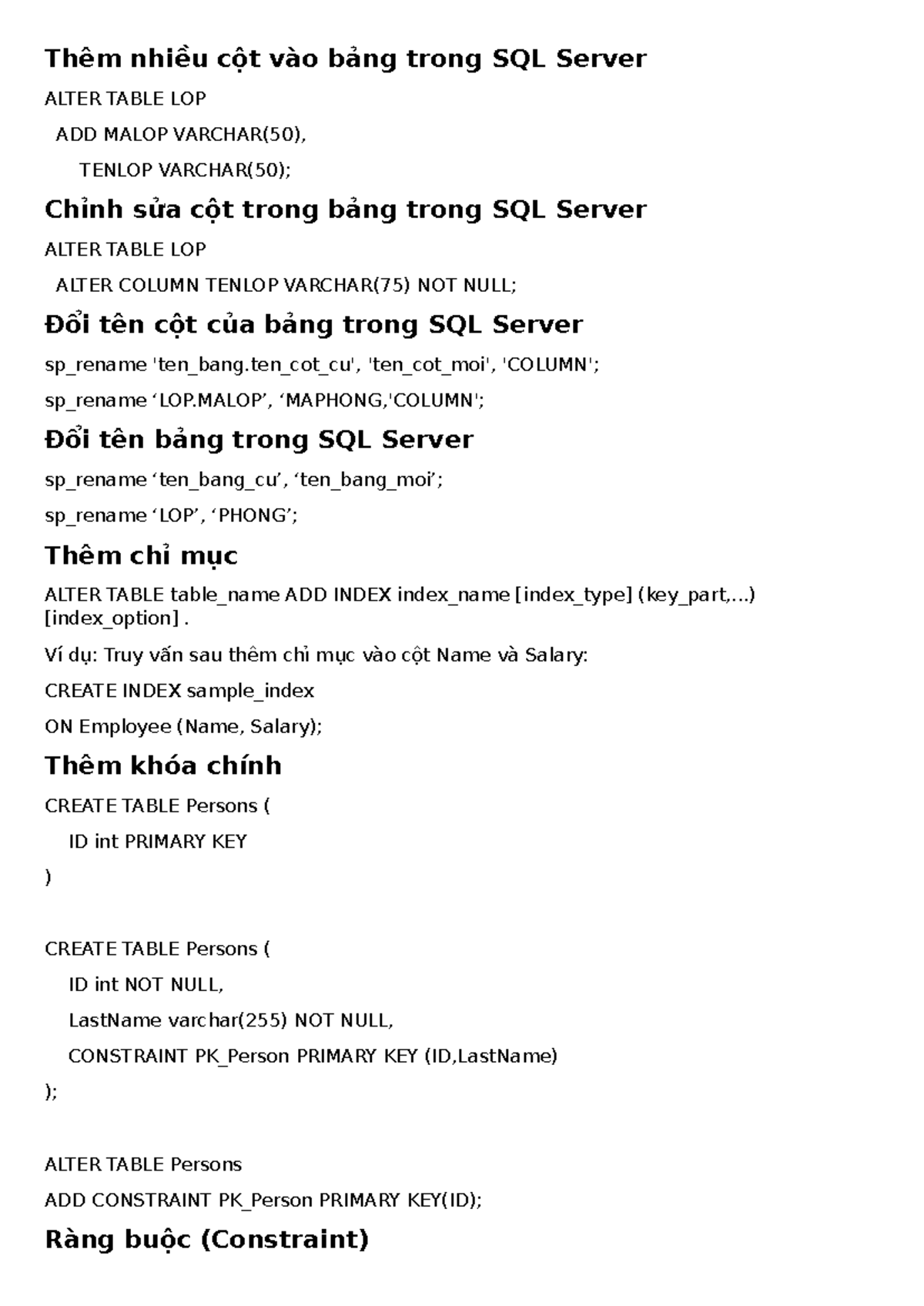 Ôn thi CSDL - Tài liệu ôn tập cho kỳ thi SQL Server - Studocu