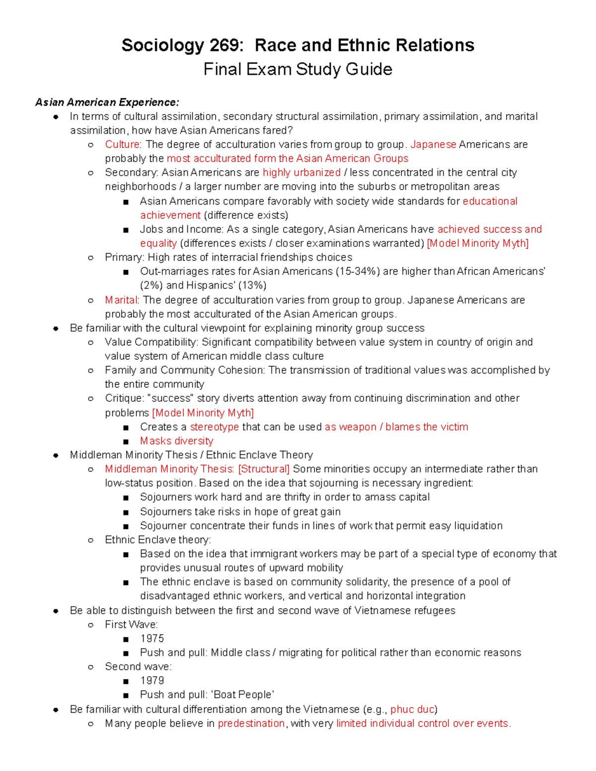Sociology 269 Race and Ethnic Relations Final Exam Study Guide - Studocu