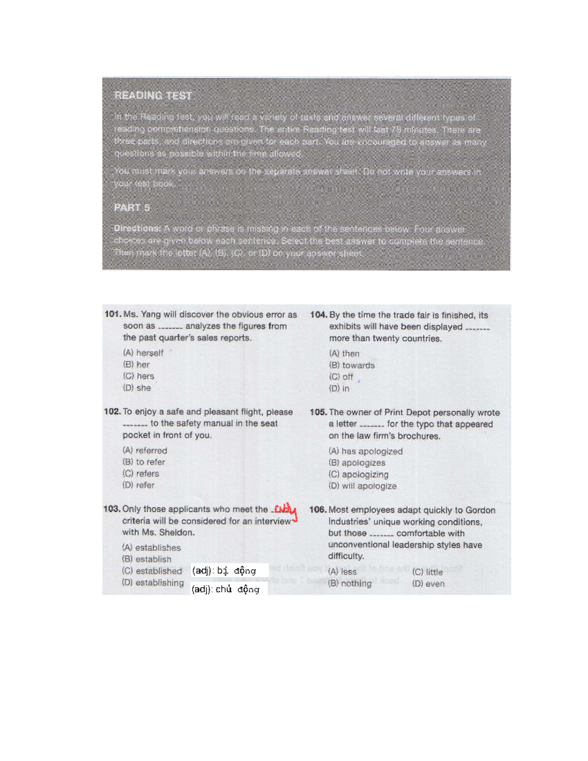 Reading Test Part 5: Comprehension Questions and Directions - Studocu
