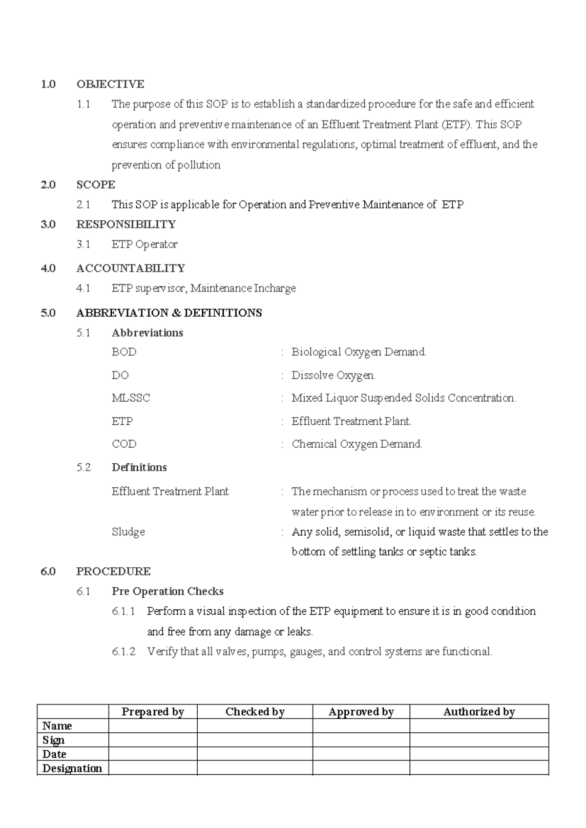 SOP for Operation & Preventive Maintenance of ETP - Studocu