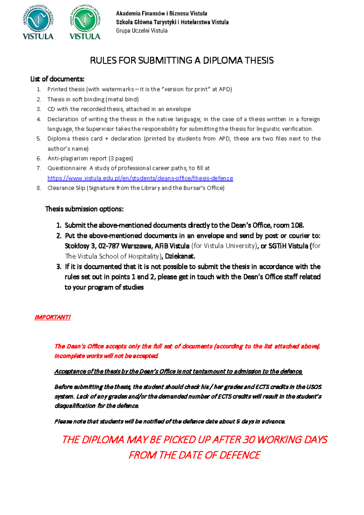 Diploma Thesis Submission Rules and Requirements for APD Students - Studocu
