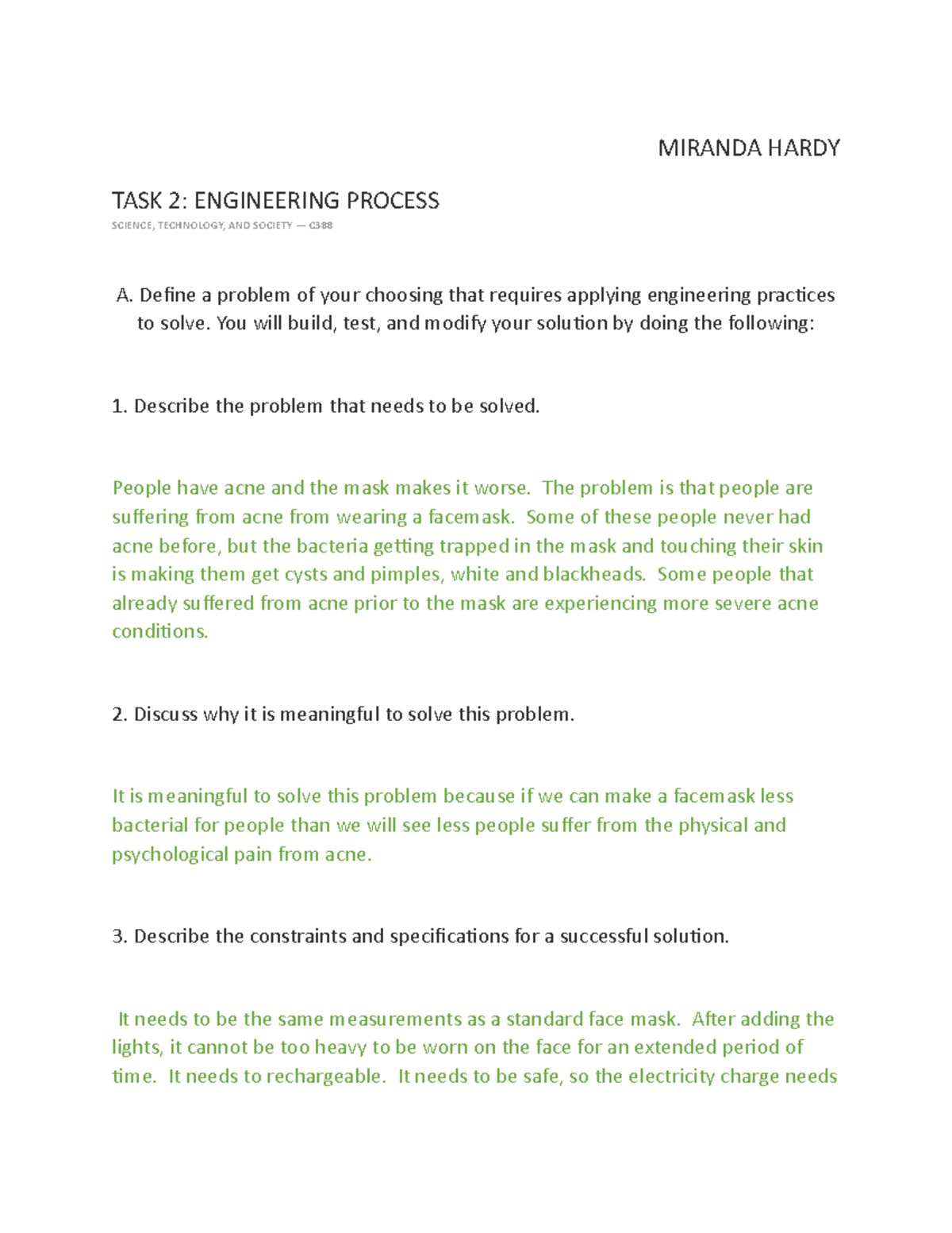 Engineering Solutions for Acne from Face Masks – C388 Task 2 - Studocu